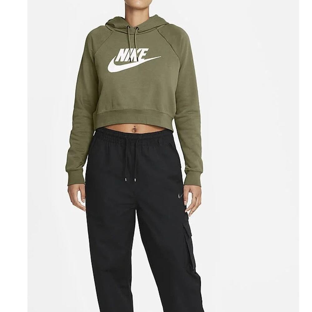 NEW Nike NSW Essential Cropped Hoodie Olive Green Large Women's CJ6327-222